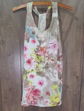 Cynthia Rowley Silk Floral Racerback Tank in Beige, Pink & Yellow Women's M